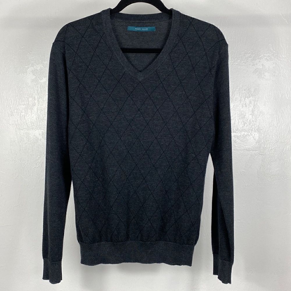 Perry Ellis Gray V-neck Argyle Pullover Sweater size S